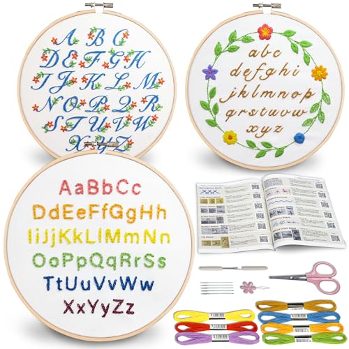 Bradove 3 Sets Alphabet Letter Practice Embroidery Kit for Beginners Adults Kids, Learn to Embroider Kit Adult Beginners
