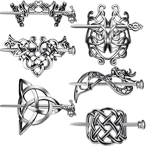 6 Pieces Silver Celtic Hair Slide Hairpins Viking Celtic Hair Clips Knot Stick Vintage Metal Barrette Pin Retro Accessories for Women