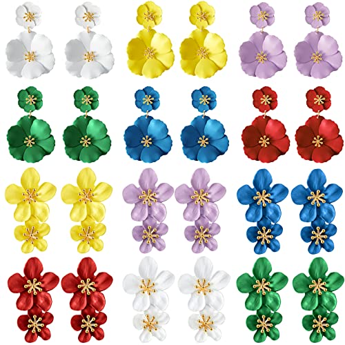 12 Pairs Boho Double Flower Matt Earring Layered Floral Petal Drop Earrings Tiered Floral Daisy Statement Earrings Flower Dangle Earrings for Women Girls