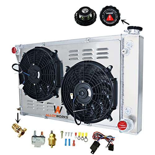 ALLOYWORKS 4 Row Core Aluminum Radiator For 1967-1972 Chevy C/K Series C10 C20 K10 K20 Pickup Suburban Truck Radiators, with 2 x 12" Fan w/Louver Shroud Thermostat Relay Wire Kit Radiator, OEM# CU369