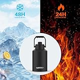 WATERSY 1 Gallon Water Bottle Insulated(Cold for 48 Hrs),BPA Free&Leak Proof,128oz Stainless Steel Water Jug,Big thermos,Large Water Bottle with Handle for Gym,Hiking,Camping&Travel,Black