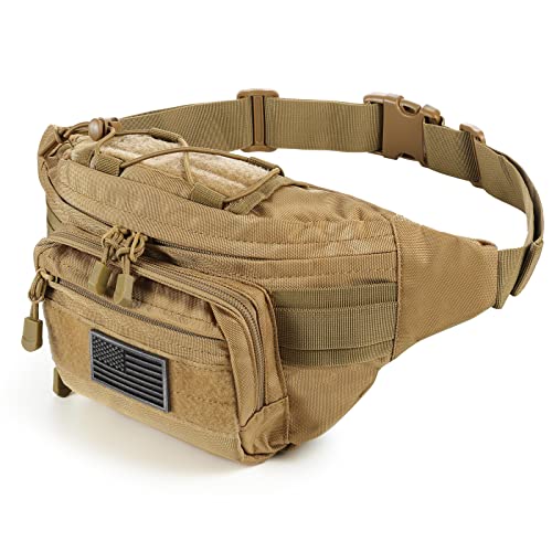 SOWHUP Tactical Fanny Pack,Military Waist Bag Pack with U.S Patch Utility Hip Belt Bumbag for Outdoor Fishing Hiking (Tan(4 Zipper Pockets))