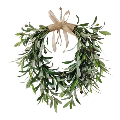Artificial Olive Garland with Greenery Leaves – Faux Olive Wreath for Front Door, Farmhouse Wall Decor, Hanging Green Wreath for Window or Wedding Decoration (B)
