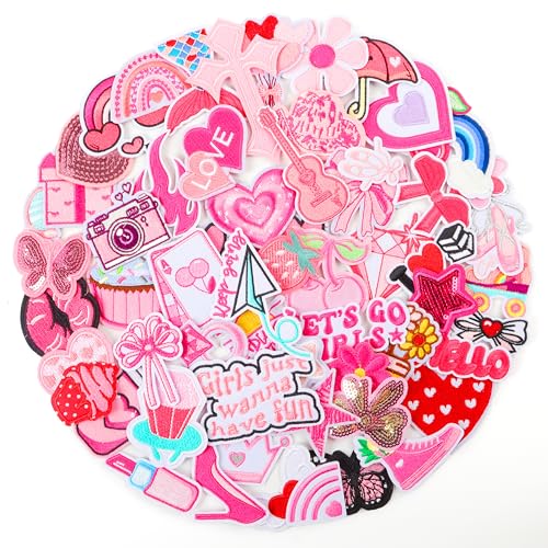 NICEVINYL Pink Iron on Patches for Girls: 60PCS Girly Random Embroidery Patches for Backpacks Clothing Hats Jackets Pants Decor - Assorted Cute Sew on Appliques for DIY Accessories