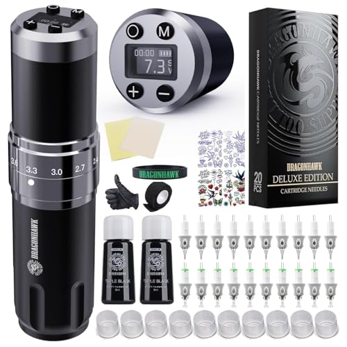 Dragonhawk Wireless Tattoo Gun Kit, Rotary Tattoo Machine Pen with 2 Batteries Power Supply, 20 Count Glide Extra Smooth Needles Cartridges, Adjustable 7 Strokes Length for Beginners