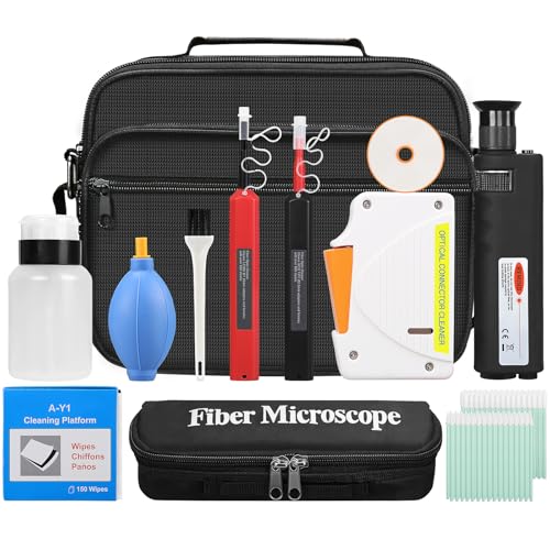 13 Piece kit Fiber Optic Cleaning Tool kit with 400x Optical Fiber Microscope Cleaner SC LC MPO Cleaning Pen 2.5mm 1.25mm MTP Interface Cleaning Box with Replace core Fiber Optic Cleaner kit