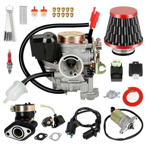 EOPOAYI GY6 50cc Carburetor & Ignition Coil Main Jets Kit Compatible with Tao tao 49cc 50cc ATM50 Pony VIP Scooter 139QMB 4-Stroke Engine Moped Go Kart Parts, PD18J Carburetor with Starter Motor