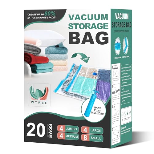 WTREE 20 Pack Vacuum Storage Bags, Space Saver Bags, Vacuum Sealed Bags for Comforters, Blankets, Clothes Storage, Hand Pump Included (4 Jumbo/4 Large/4 Medium/8 Small)