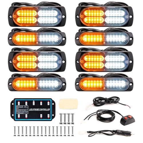 BooYu 8-pcs Sync Feature LED Emergency Strobe Lights Ultra Slim Grille Surface Mount Flashing Warning Hazard Light Bar w/Controller for Construction, Firefighter, Trucks, Vehicles, Car (Amber/White)