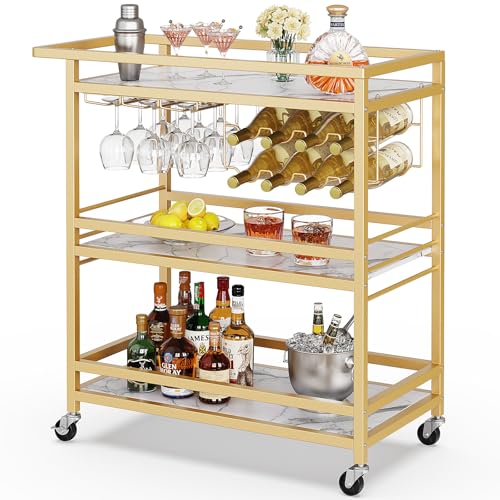 Leteuke Bar Cart for Home, 3 Tier Gold Serving Rolling Carts with Wheels, Drink Cart, Liquor Stand with Marbled Wooden Shelves, Wine Rack and Glass Holder for Kitchen, Dining Room