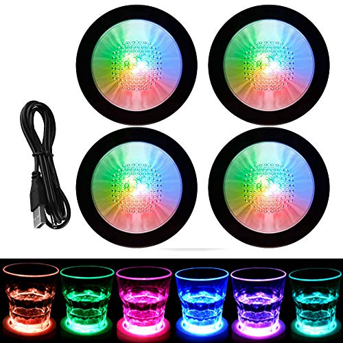 LAFEINA 4 Pack Light Up Cocktail Coaster, USB Rechargeable LED Drink Coasters Bar Beer Beverage Coaster Lights for Club,Wedding, Bar, Party Decoration, Colorful Light