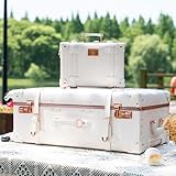 urecity Vintage Luggage Set, 2 Piece Retro Leather Suitcase for Women, Travel Luggage with Spinner Wheels and Beauty Case, Cute Designer Trunk Luggage (Rose White, 20"+12")