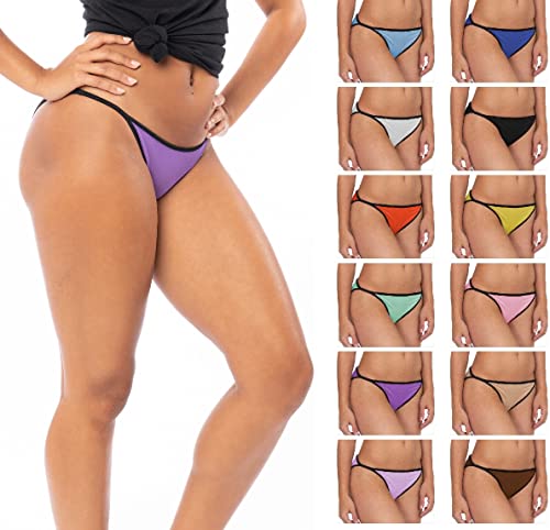 Sexy Basics Womens 12 Pack String Bikini Briefs/Ultra-Soft Cotton/Spandex Stretch No-Show Panties (12 Pack -Dazzling Solids, Large)