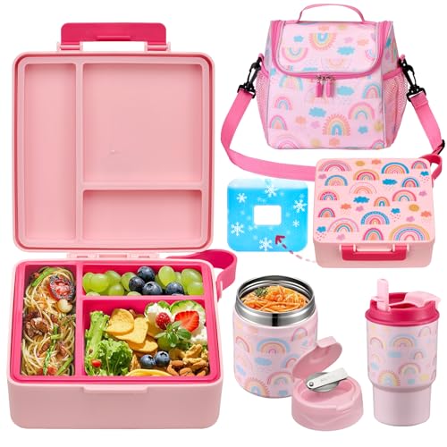 Bento Lunch Box for Kids with 17oz Soup Thermo,Insulated Tumbler Water Bottle and Insulated Lunch Bag,Leak-Proof 3 Compartment Lunch Food Container with with Ice Pack for Kids to School-Rainbow