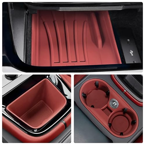 XBAOPEG Fits for Porsche Cayenne Accessories 2024 2025, 3pcs/Set Center Console Organizer Tray, Interior Storage Box Cup Holder Insert, Silicon Dirtyproof Protection Pad (3pcs red for 2024)