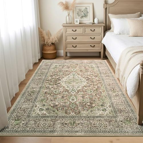 Machine Washable Boho Area Rug, 3x5 Green Vintage Non-Slip Rug, Distressed Floral Indoor Rugs, Soft Wool Rug Aesthetic Print Pattern Carpet for Living Room, Bedroom, Kitchen and Bedside