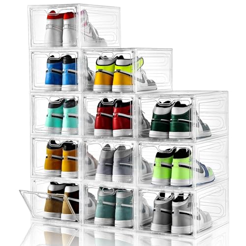 INSTY 12 Pack Large Shoe Storage Box, Clear Shoe Storage Organizer with Magnetic Door, Stackable,Shoe Containers For Display Sneakers, Easy Assembly, Fit up to US Size 12, Clear