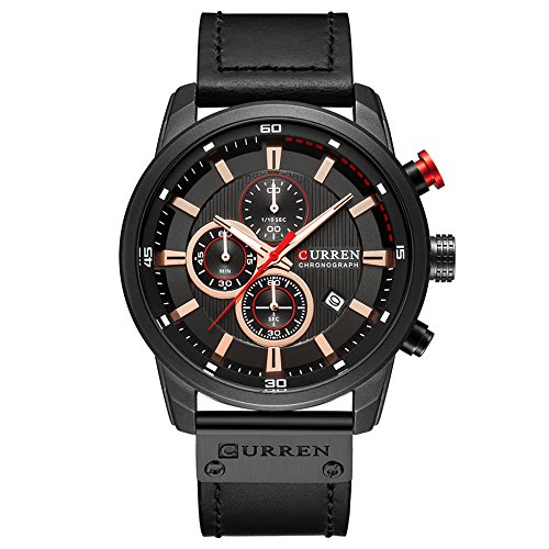 CURREN Men Leather Strap Military Watches Men's Chronograph Waterproof Sport Wrist Date Quartz Wristwatch Gifts (Black Black)