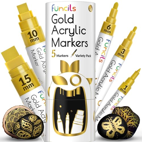 Funcils 5 Acrylic Gold Paint Pen Metallic - Gold Marker Metallic Paint for Wood, Fabric, Canvas, Leaf, Tire, Metal, Glass - Permanent Pen Fine Tip, Thin Point & Jumbo (1mm, 3mm, 6mm, 10mm, 15mm)