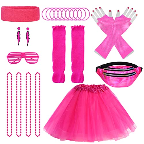 Miayon 80s Costume Accessories 90s Outfits Neon Tutu Skirt Fanny Pack Headband Earring Set for 80s 90s Theme Cosplay Party Neon Glow Party Outfit (Rose Red)