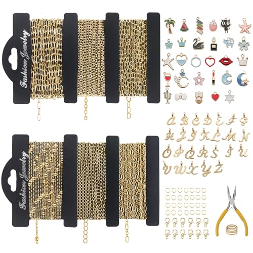 Ecoofor 14K Gold Necklace Chain Kit for Jewelry Making, 20 Feet DIY Bracelet Chains with Jump Rings, Lobster Clasps, Connectors, Jewelry Pliers, 30 Colorful Graphic Charms & 36 Letter Pendants