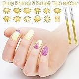 12 Pieces French Nail Trimmer Stainless Steel French Tip Cutters Smile Line Cutter Edge Manicure DIY Plate Module with 2 Handles Cutting Knife and 5 Spare Blade for Acrylic Nail(Golden)