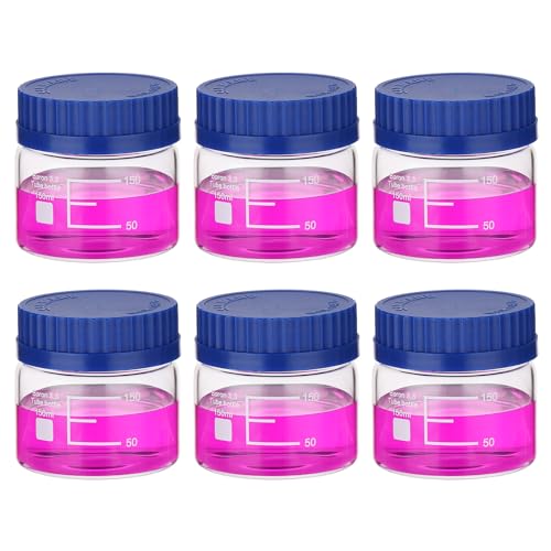 PATIKIL 6 Pack Reagent Media Storage Bottles, 150ml Borosilicate Glass Wide Mouth Graduated Round Bottles with GL32 Blue Screw Cap for Lab Water Reagent Liquids, Clear