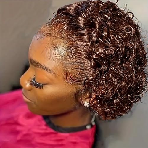 NEWIGOO 8 Inches Chocolate Brown Pixie Cut Wig Human Hair 4x4 Glueless Wigs Human Hair Pre Plucked Pre Cut Short Curly Human Hair Wigs Brown BOB Wig Human Hair (Chocolate Brown, 8 Inch)