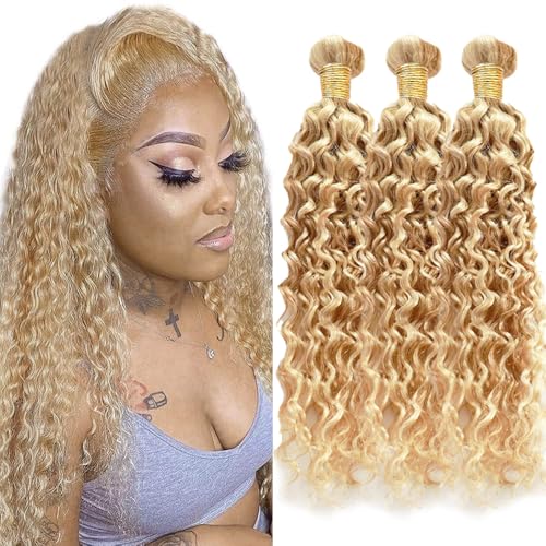 Dokksiiia #27 Ombre Blonde Bundles P27613 Curly Wave Human Hair Bundles Highlight Honey/Light Blonde Blend Kinky Curly Weave Brazilian Human Hair Extensions for Black Women 16/18/20 Inch