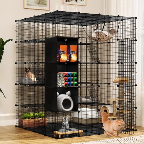 YITAHOME 5-Tier Cat Cage Indoor Large, Cat Enclosure with Storage Cube DIY Outdoor Metal Cat Playpen with Hammock for 1-4 Cats Cat Kennel Catio