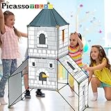 PicassoTiles Fort Building Kit 376 Pieces Kids STEM Educational Learning Construction Play Toy Indoor and Outdoor DIY Build Forts Castles Tents Playhouse with Cloth Cover Print Boy Girl Ages 5+ PTC126