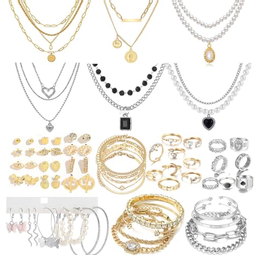 CONGYING 65 Pcs Gold Jewelry Set with 6Pcs Layered Necklace, 11 Pcs anklet and 7Pcs Earring Ear Cuff,11Hoop Earrings,15pcs Rings,15pcs stud earrings Jewerly set for Women Pack for Party GiftL