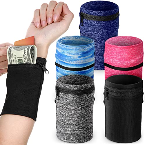 Honoson 5 Pcs Wrist Wallet for Women Men, Zipper Wrist Pouch Running Wallet Wristband Sweatband, 2 Pockets, Spandex, Large, Dark Colors for Running, Walking, Hiking, Jogging, Travel