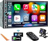Upgrade Wireless Double Din Car Stereo with Carplay, Android Auto, Bluetooth, 4-Channel RCA, High Power, 2 Subwoofer Ports, 7" HD Capacitive Touchscreen Car Radio, Backup Camera, Audio Receiver