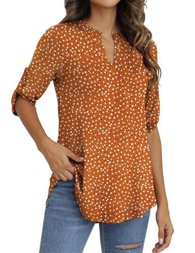 Othyroce Plus Size Tops for Women - Dressy Casual 3/4 Sleeve Loose Fit Long Tunic Tops - Orange Polka Dot 3x