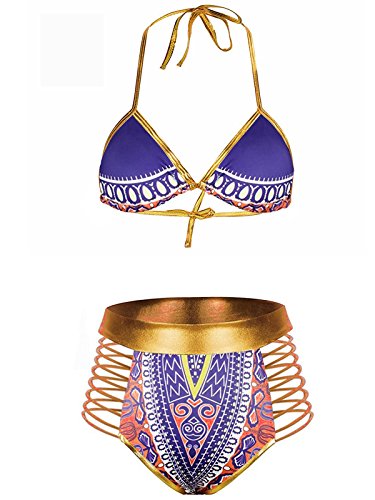 Zando Women Two Piece Tribal Print Bikini African Metallic Swimsuit Beachwear Cutout Halter Neck Bathing Suit Swimwear Purple 3XL (US Size 14-16)