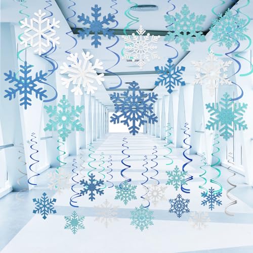 36 Pcs Snowflake Hanging Swirls Decoration Christmas Ceiling Party Decorations Blue Silver Snowflake Ornaments Garland for Winter Wonderland New Year Baby Shower Birthday Party Supplies
