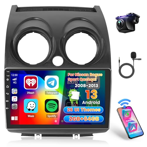 Roinvou 2+64G Radio for Nissan Rogue Sport Qashqai 2008-2013 Android 13 Car Stereo Wireless Carplay, 9 inch Touch Screen for Nissan Rogue Android Auto Bluetooth GPS WiFi FM RDS Mirror Link 26UI