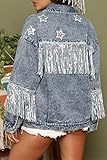 Womens Fringe Denim Jacket Long Sleeve Casual Rhinestones Tassel Embellished Stars Jean Coat X-Large