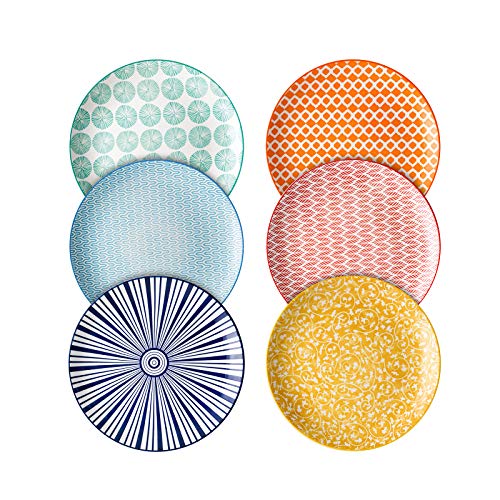 Selamica 8 inch Porcelain Dinner Plates, Large Size Serving Plate for Salad, Pancakes, Steak, Set of 6, Assorted Colors