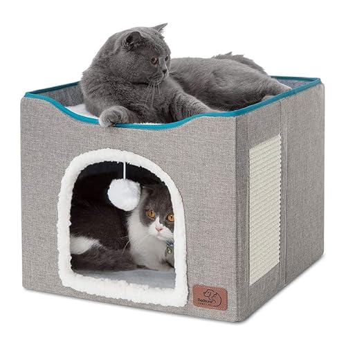 Bedsure Cat Beds for Indoor Cats - Large Cat Cave for Pet Cat House with Fluffy Ball Hanging and Scratch Pad, Foldable Cat Hideaway,16.5x16.5x13 inches, Grey