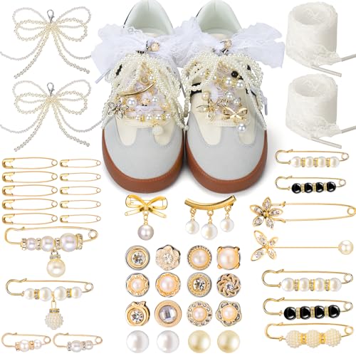 AIERSA Shoes Charms for Sneakers Socks, 43pcs Pearl Shoe Lace Charms Jewelry, Junk Socks Pins, Stylish Decoration for Women, Brooch Pins Buttons for Clothes, Hats Decorations