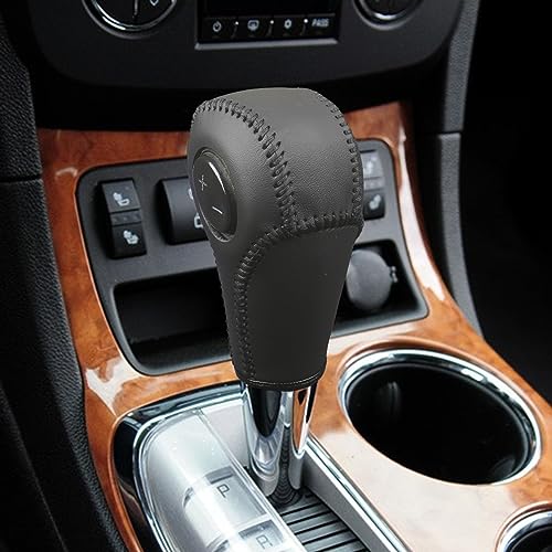 bao hu shen Custom Fit Black Genuine Leather Gear Shift Knob Cover for GMC Acadia 2007 08 09 10 11 12 13 14 15 2016 Automatic Accessories (Black Skin and Black Thread)