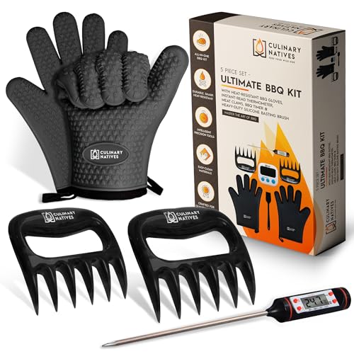 Meat Claws and Smoker Gloves | No.1 Extreme Heat Resistant BBQ Grill Gloves | Non-Slip Waterproof Silicone Oven Mitts | Pulled Pork Claws | Thermometer | Barbecue, Grilling, Smoking, Shredding (Black)