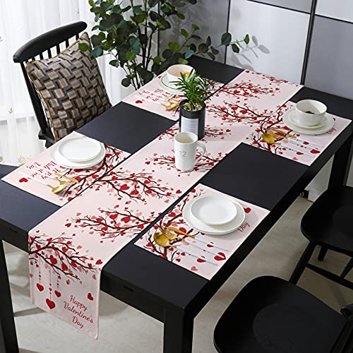 Valentines Love-Tree Placemat with Matching Table Runner Cotton Linen Burlap Table Top Set Mat,(2PCS Place Mats + 13"x70" Runner) for Kitchen Dinner Party Wedding Decor Red Pink Saint Valentin'e Heart