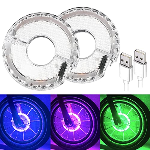 Solhice 2 Tire Rechargeable Bike Wheel Lights Hub, Waterproof LED Cycling Spoke Lights 7 Color Bicycle Decoration Light for Kids and Adults Night Riding