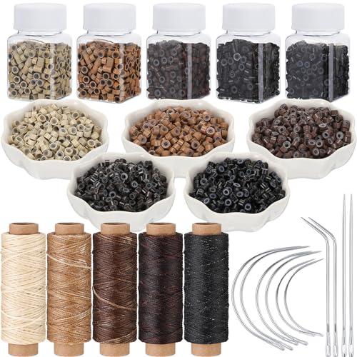 Yuxung 2500 Pcs Hair Extensions Micro Rings Links Beads and 5 Rolls Extensions Sewing Thread and 10 Pieces C/J/I Needles Kit for Human Hair Hand Sewing Wig DIY Craft