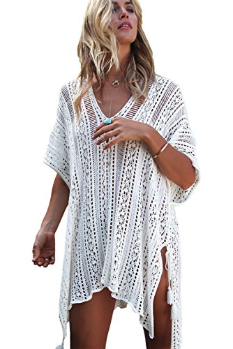 Chilly Jilly Bohemian Crochet Swim Cover up Bikini Tunic Beach Dress with Side Tie Tassels (Off White)