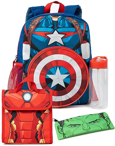 Marvel Boys 4 Piece Backpack Set | Kids Superhero Rucksack Bundle with School Bag, Pencil Case, Lunch Bag & Water Bottle