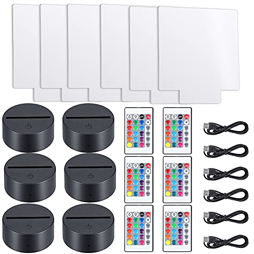 Honoson 6 Sets 3D LED Light Night Lamp Bases Including 6 Clear Acrylic Sheets 6 Light Display Stands 6 Remote Controls 6 Charging Cables, 16 Colors 4 Modes Acrylic Lamp Base(Square Style)